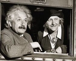 Physicist Albert Einstein (1879-1955) with his wife Elsa in Chicago